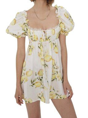For Love & Lemons Serarina Lemon Print Puff Sleeve Mini Dress M NWT